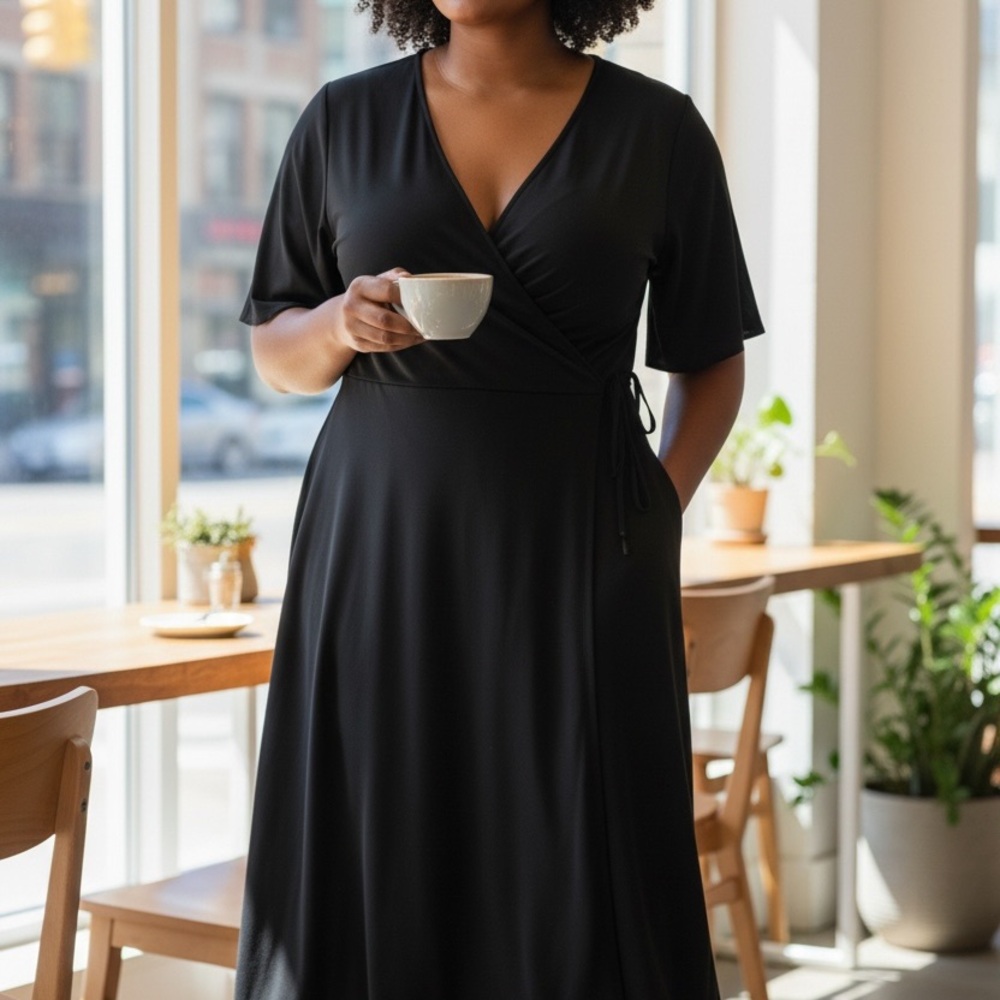 Elegant Black Midi Wrap Dress